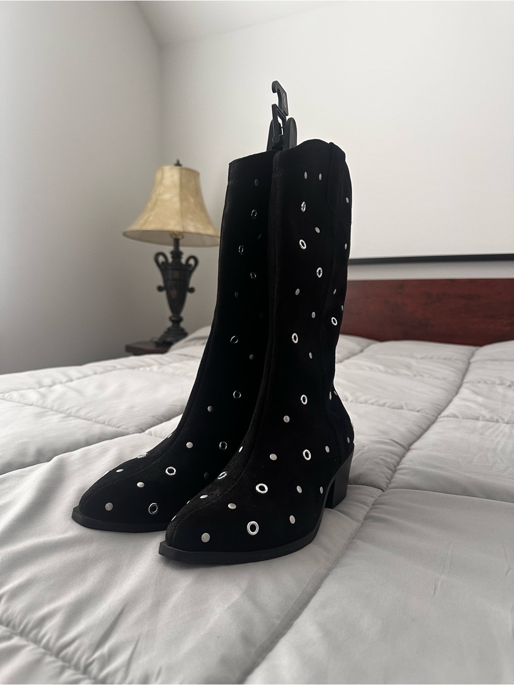 Black Suede Mid-Calf Boots with Silver Eyelet Detail